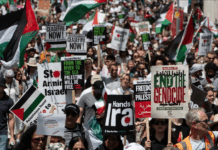 Protesters shout slogans and hold placards during a national demonstration against the Israeli wars on Gaza, occupied Palestine and Iran