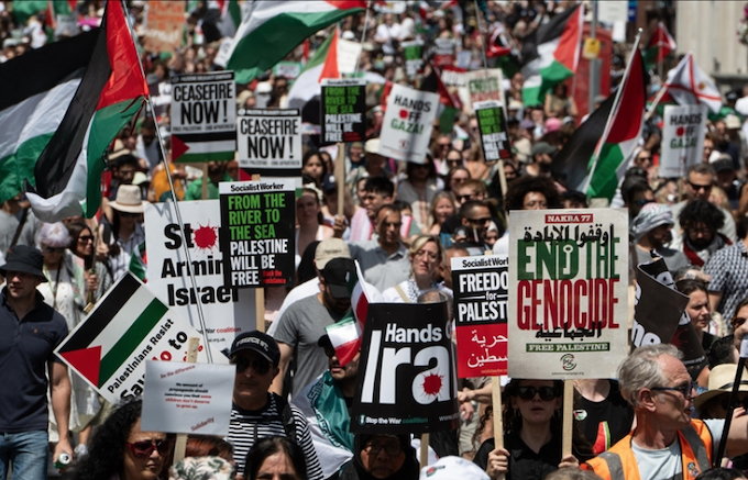 London protest AA 680wide Protesters shout slogans and hold placards during a national demonstration against the Israeli wars on Gaza, occupied Palestine and Iran