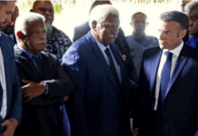 President Emmanuel Macron (right) with New Caledonia Congress former presidents Louis Mapou (left) and Roch Wamytan (centre) last yea
