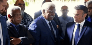 President Emmanuel Macron (right) with New Caledonia Congress former presidents Louis Mapou (left) and Roch Wamytan (centre) last yea