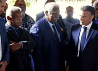 President Emmanuel Macron (right) with New Caledonia Congress former presidents Louis Mapou (left) and Roch Wamytan (centre) last yea