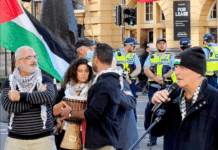 PSNA co-chair Maher Nazzal (left) at yesterday's Palestine solidarity rally in Auckland