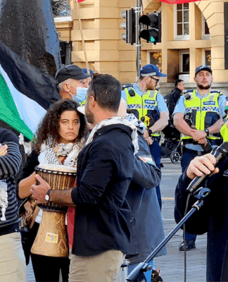 PSNA co-chair Maher Nazzal (left) at yesterday's Palestine solidarity rally in Auckland