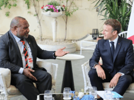PNG Prime Minister James Marape (left) and French President Emmanuel Macron
