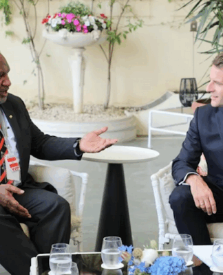 PNG Prime Minister James Marape (left) and French President Emmanuel Macron