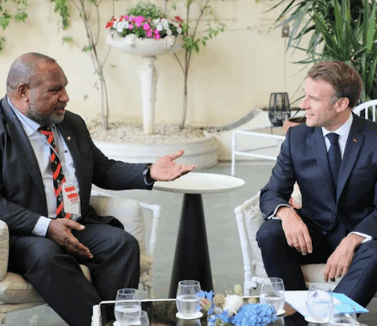 PNG Prime Minister James Marape (left) and French President Emmanuel Macron