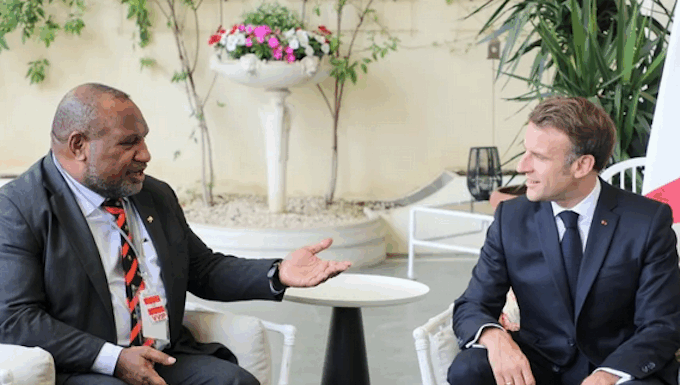 PNG Prime Minister James Marape (left) and French President Emmanuel Macron