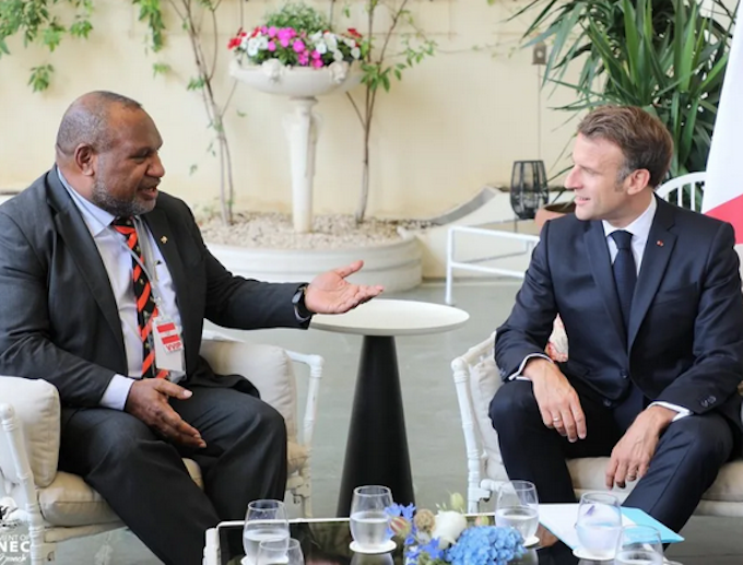 Marape & Macron RNZ 680wide PNG Prime Minister James Marape (left) and French President Emmanuel Macron