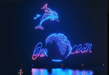 Drones light up the night sky in Nice with a "One Ocean" message as a prelude to the UN Oceans conference