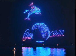 Drones light up the night sky in Nice with a "One Ocean" message as a prelude to the UN Oceans conference