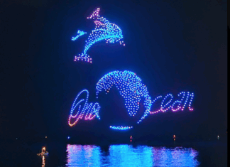 Drones light up the night sky in Nice with a "One Ocean" message as a prelude to the UN Oceans conference