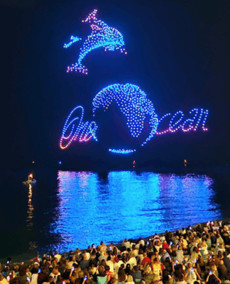 Drones light up the night sky in Nice with a "One Ocean" message as a prelude to the UN Oceans conference