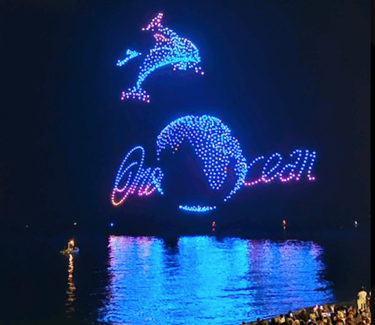 Drones light up the night sky in Nice with a "One Ocean" message as a prelude to the UN Oceans conference