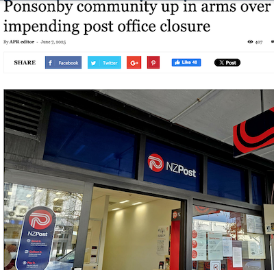 The Asia Pacific Report story about the impending Ponsonby post office shop closure