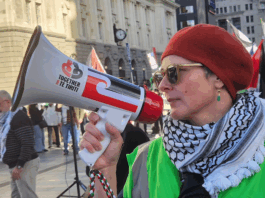 A protester at the Palestine rally against Israel's Gaza genocide and attack on Iran