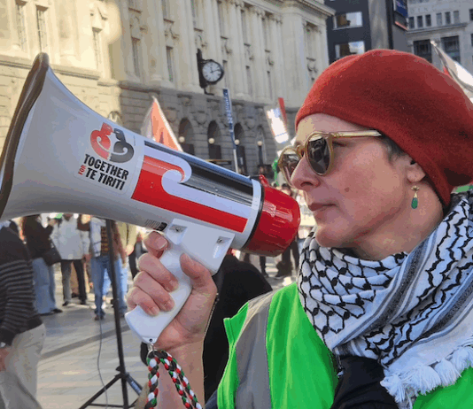 A protester at the Palestine rally against Israel's Gaza genocide and attack on Iran