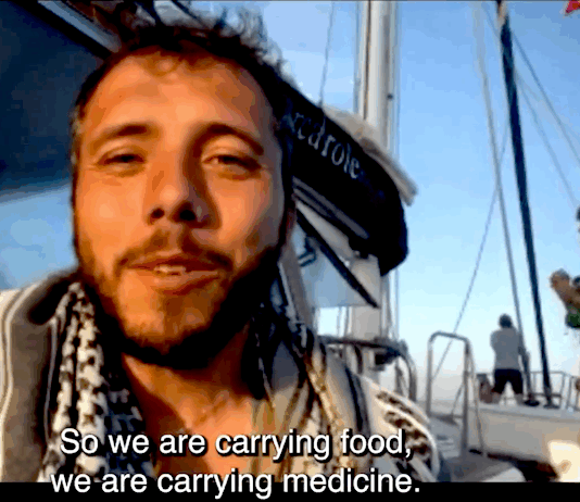Gaza Freedom Flotilla peace activist Thiago Ávila in an interview with journalist Abby Martin before being kidnapped by Israeli forces