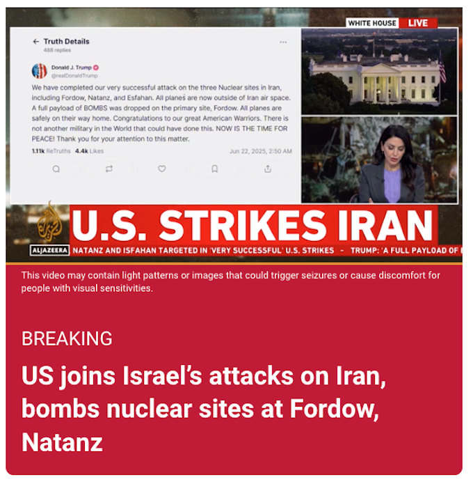 Al Jazeera's web report of the US attacks on Iran today
