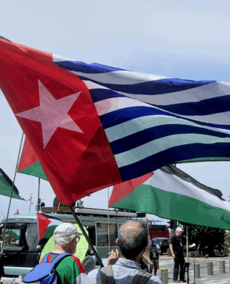 A West Papuan Morning Star flag of independence among a sea of Palestinian flags