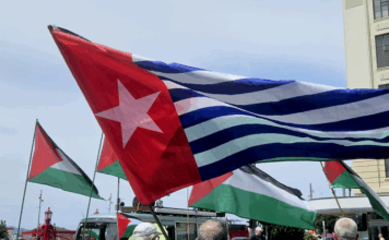 A West Papuan Morning Star flag of independence among a sea of Palestinian flags