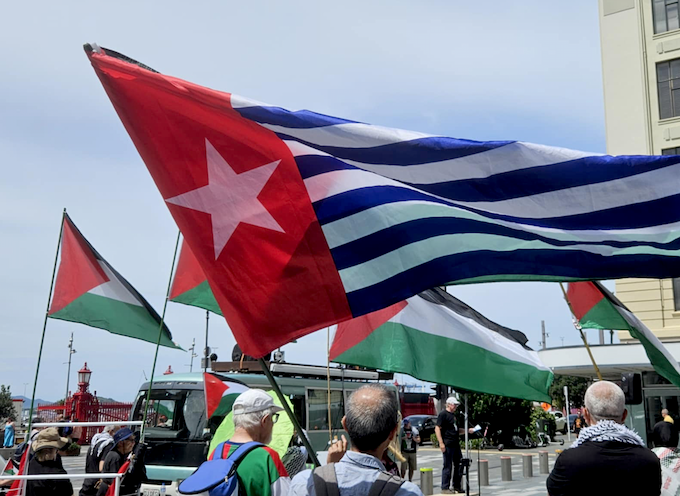 West Papua flag 2 DR 680wide A West Papuan Morning Star flag of independence among a sea of Palestinian flags