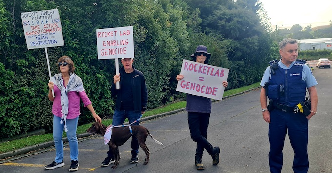 Protesters against Rocket Lab's alleged complicity with Israel's genocide in Gaza