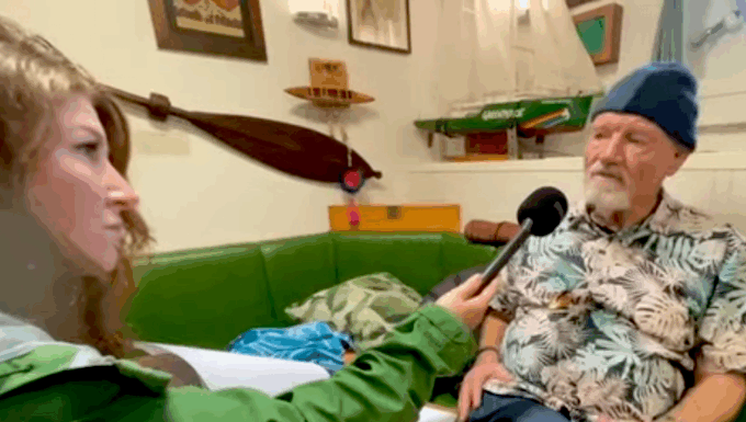 Author David Robie joins Greenpeace virtual tour of Rainbow Warrior Rainbow Warrior host Niamh O'Flynn talks to author David Robie in the ship's mess as part of the virtual tour