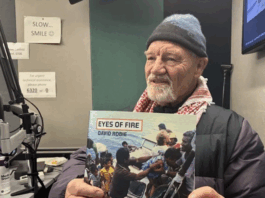 "Hot off the press" . . . David Robie talks Eyes of Fire just after receiving the first copy of his book marking 40 years since the bombing of the Rainbow Warrior on 10 July 1985