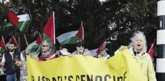 Public protest in the NZ naval base suburb of Auckland . . . local resident Margaret Taylor of Amnesty International (right) at the front of the Devonport Out For Gaza march on Victoria Rd