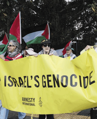 Public protest in the NZ naval base suburb of Auckland . . . local resident Margaret Taylor of Amnesty International (right) at the front of the Devonport Out For Gaza march on Victoria Rd