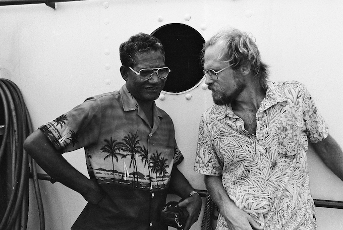Senator Jeton Anjain (left) of Rongelap and Greenpeace campaign coordinator Steve Sawyer on board the Rainbow Warrior
