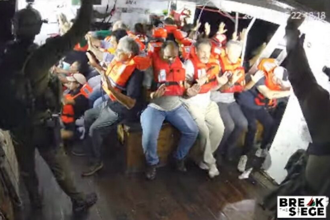 Handala arrest FFC 680wide The Handala crew in emergency positions as the Israeli military stormed the Gaza-bound aid ship