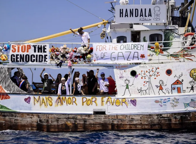 Activists on board the Handala aid ship before leaving Italy’s Gallipoli Port
