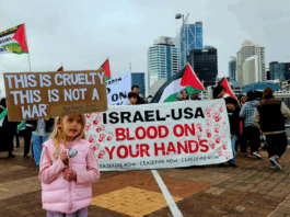 A young girl holds a placard quoting from the late Pope Francis while calling for an end to the war on Gaza in Auckland last Saturday