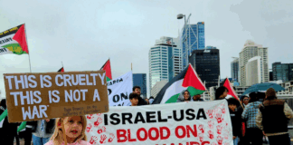 A young girl holds a placard quoting from the late Pope Francis while calling for an end to the war on Gaza in Auckland last Saturday
