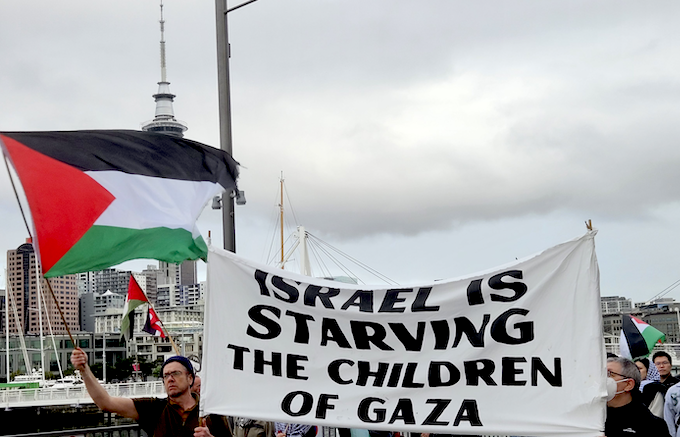 Israel starving children APR 680wide Auckland protesters condemn Israel's systematic starvation tactics in the besieged Gaza enclave in a march in the Viaduct