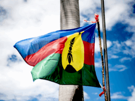 The indigenous Kanaky flag adopted in 1983 and usually flown alongside the French tricolour under the Nouméa Accord