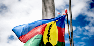 The indigenous Kanaky flag adopted in 1983 and usually flown alongside the French tricolour under the Nouméa Accord