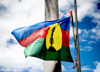 The indigenous Kanaky flag adopted in 1983 and usually flown alongside the French tricolour under the Nouméa Accord