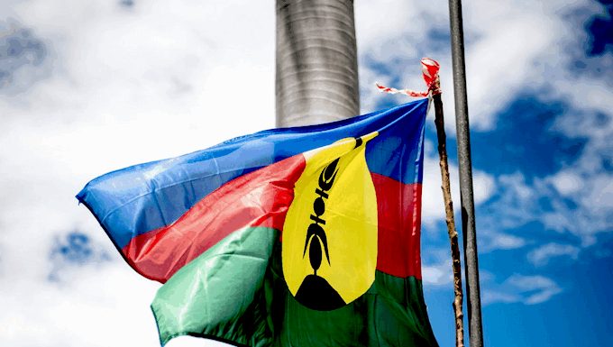The indigenous Kanaky flag adopted in 1983 and usually flown alongside the French tricolour under the Nouméa Accord