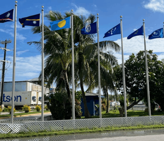 Flags from most of the Micronesian islands participating in the regional summit this week fly outside the International Conference Center