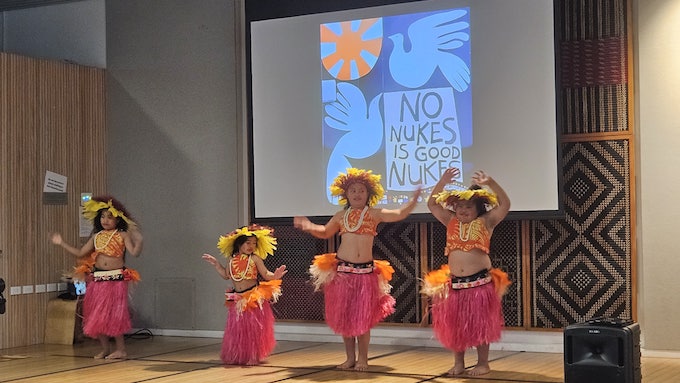 The Te Vaerua O Te Rangi dance group performing at the nuclear-free Pacific exhibition opening
