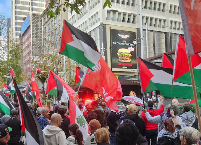 Palestinian solidarity protesters in Auckland's Queen Street march today