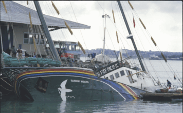 The bombed Rainbow Warrior next morning