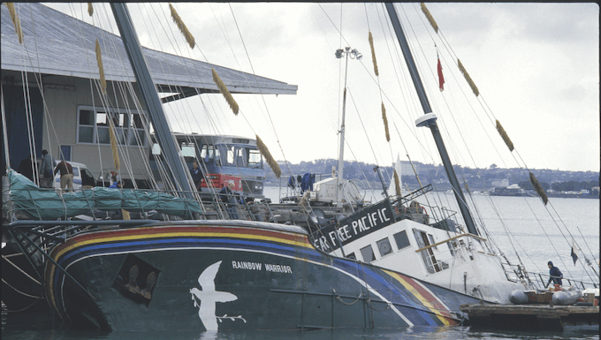 The bombed Rainbow Warrior next morning