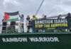 A Rainbow Warrior shipboard protest over the Gaza genocide today
