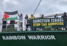 A Rainbow Warrior shipboard protest over the Gaza genocide today