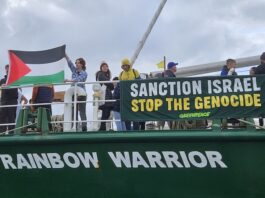 A Rainbow Warrior shipboard protest over the Gaza genocide today