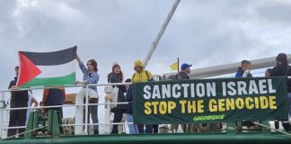 A Rainbow Warrior shipboard protest over the Gaza genocide today
