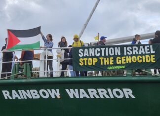 A Rainbow Warrior shipboard protest over the Gaza genocide today